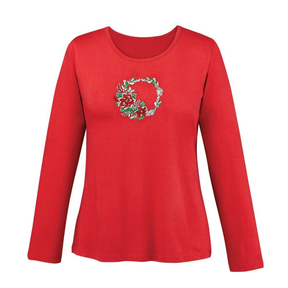 New 2XL Red Embroidered Holiday Christmas Poinsettia Wreath Long Sleeves Top